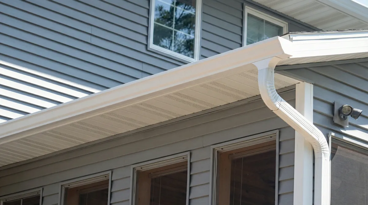 Professional home remodeling project showing newly installed white seamless gutters and downspouts on a house with gray siding in Columbia, MO