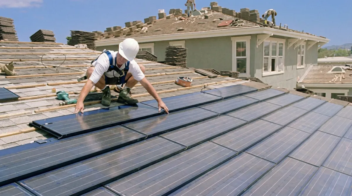 Roof replacement expert installing modern solar shingles on a residential home in Columbia, MO