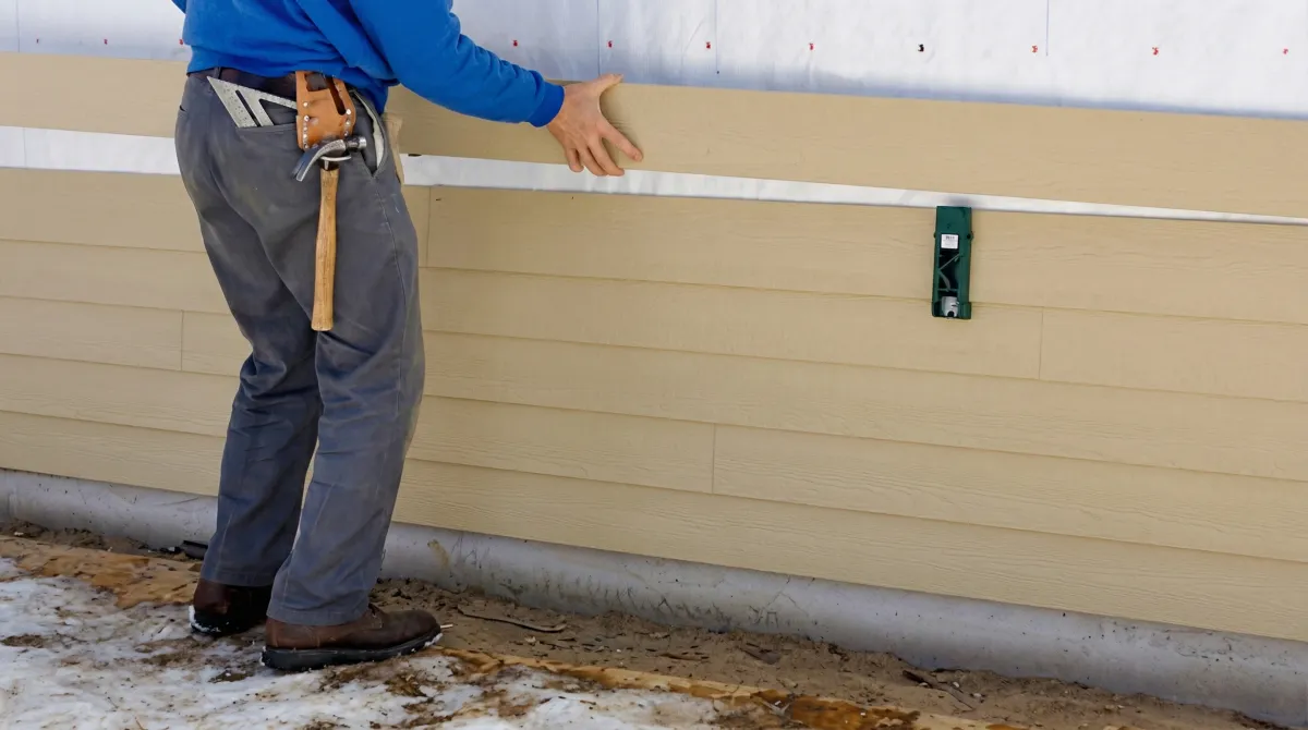 Siding replacement expert carefully aligning a new tan siding panel onto a residential exterior wall in Columbia, MO