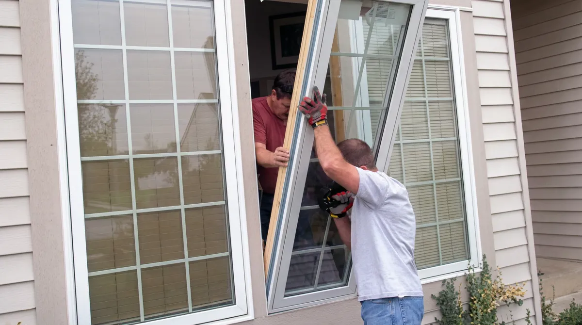 Professional home remodeling team installing a large replacement window on a house with tan siding in Columbia, MO